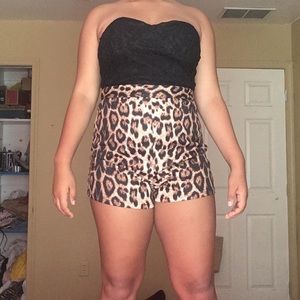 Strapless Black Lace and Brown Leopard Short Romper